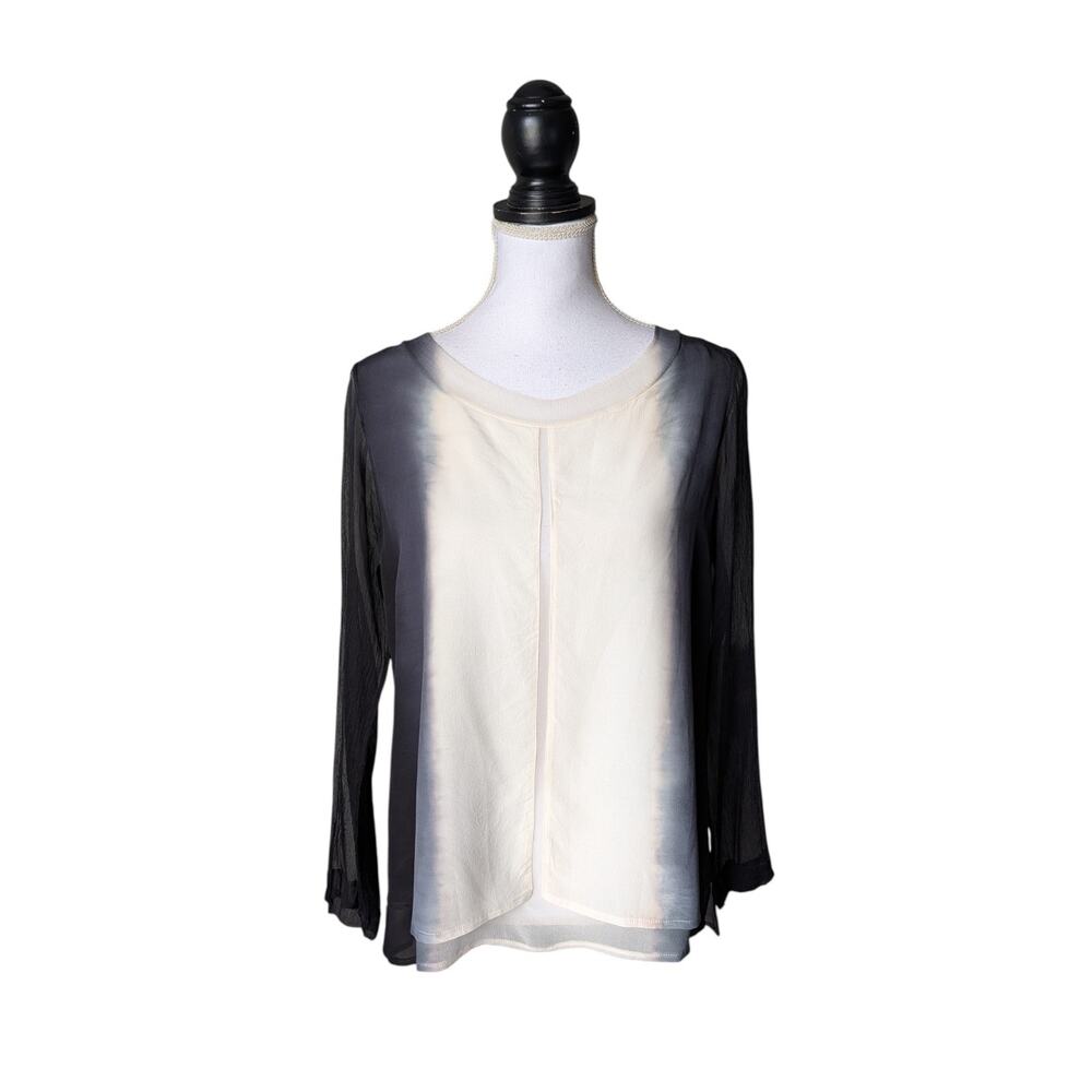 Viviana Uchitel 100% Silk Ivory Black Tie Dye Long Sleeve Top Size 2 Small Boho
